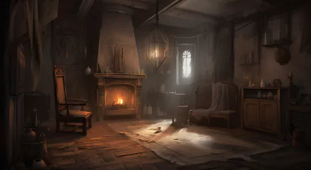HD PC wallpaper featuring a cozy, fantasy-inspired room with a warm fireplace, soft lighting, and rustic wooden furniture, crafted with detailed AI art aesthetics.