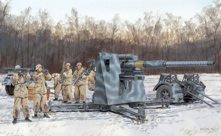 4K Ultra HD PC desktop wallpaper: military artillery crew manning a large towed cannon on snow-covered ground with bare winter trees at dusk.