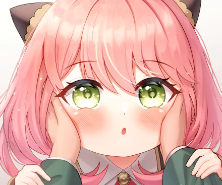 Close-up of Anya Forger from Spy x Family with pink hair and green eyes, showcased in a vibrant 4K Ultra HD anime desktop wallpaper.