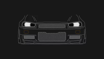 Minimalist wireframe front view of a Nissan Skyline R34 vehicle on black, 4K Ultra HD PC desktop wallpaper background.