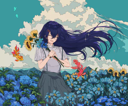 HD desktop wallpaper featuring an anime girl with long blue hair, holding flowers, surrounded by a vibrant floral background with flying birds.