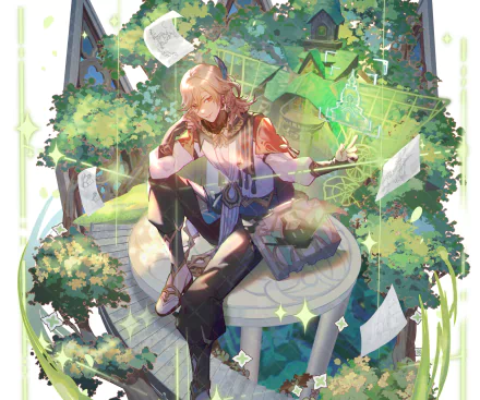 HD PC desktop wallpaper featuring Kaveh from the video game Genshin Impact, surrounded by floating papers and vibrant greenery in a detailed fantasy setting.