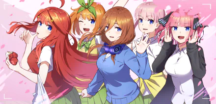 HD PC wallpaper featuring Yotsuba, Nino, Miku, Itsuki, and Ichika Nakano from the anime The Quintessential Quintuplets, surrounded by cherry blossoms.