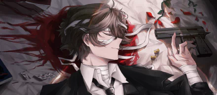 HD desktop wallpaper featuring Osamu Dazai from the anime Bungou Stray Dogs, lying with a bandaged head and a gun surrounded by rose petals and bullet casings.