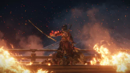 4K Ultra HD PC desktop wallpaper featuring a dramatic Sekiro: Shadows Die Twice scene with the protagonist wielding a sword amid flames and embers in a dark, intense setting.