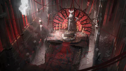 HD PC desktop wallpaper from the video game Diablo IV, depicting a dark, eerie altar scene with a central statue surrounded by candles and red stained-glass windows.