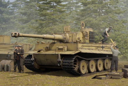 HD military desktop wallpaper featuring a detailed Tiger I tank with crew members preparing around it in a forest setting.