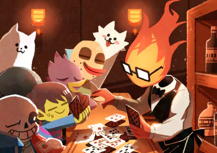 4K Ultra HD Undertale wallpaper featuring Sans, Grillby, Greater Dog, and Frisk playing cards in a cozy, warmly lit room from the video game Undertale.