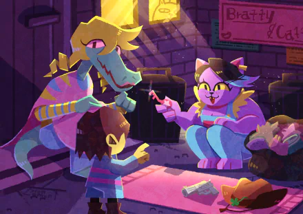 4K Ultra HD PC desktop wallpaper of Undertale video game characters Bratty, Catty and Frisk: Bratty and Catty share snacks and a lollipop with Frisk in a neon-lit alley.