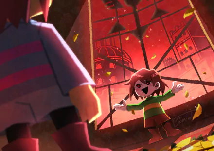 Chara and Frisk from Undertale stand in a dramatic, fiery-lit scene, captured in vibrant 4K Ultra HD for a dynamic PC desktop wallpaper.