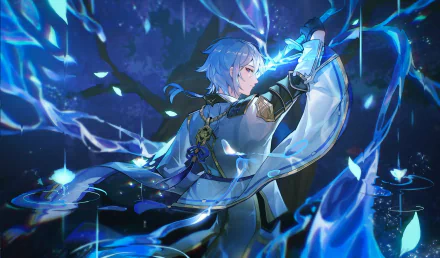 HD PC desktop wallpaper featuring Kamisato Ayato from the video game Genshin Impact, surrounded by glowing blue petals and water-like effects.
