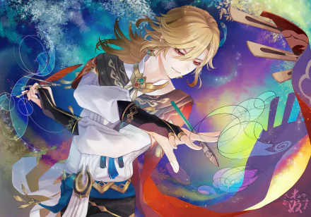 Kaveh from the video game Genshin Impact playing an ornate instrument in flowing robes amid a colorful cosmic swirl — HD PC desktop wallpaper.