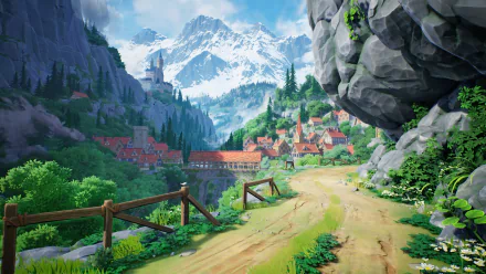 HD fantasy city wallpaper featuring a scenic village nestled in a lush, mountainous landscape with snowy peaks in the background and a winding path in the foreground.