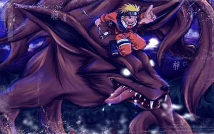 HD desktop wallpaper featuring Naruto Uzumaki riding Kurama, the Nine-Tails, from the anime Naruto. The vibrant image showcases the powerful bond between the two characters.