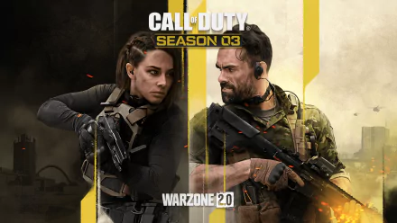 HD desktop wallpaper for Call of Duty: Warzone 2.0, featuring two armed characters positioned back-to-back, with a fiery urban backdrop and a bold yellow graphic.