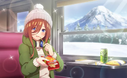 HD PC desktop wallpaper featuring Miku Nakano from the anime The Quintessential Quintuplets, enjoying snacks inside a cozy train with a snowy mountain view outside.