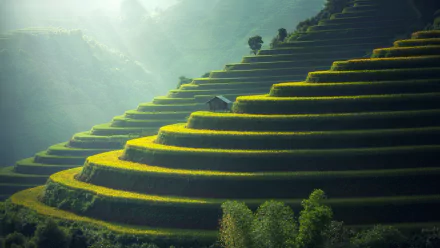 A serene man-made rice paddy landscape with terraced fields bathed in soft sunlight, captured in 4K Ultra HD as a detailed PC desktop wallpaper background.