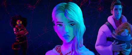 HD wallpaper of a female character from Spider-Man: Across The Spider-Verse, depicted with vibrant blue and purple lighting against a spider-web background.