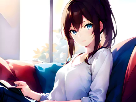 A detailed 4K Ultra HD anime-style digital artwork of a girl with dark hair and bright blue eyes, seated comfortably on a couch with soft natural light.