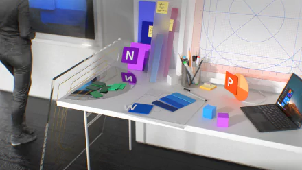 4K Ultra HD PC desktop wallpaper of a technology workspace featuring colorful 3D Microsoft Office app blocks (Word, Excel, PowerPoint, OneNote) scattered across a desk.