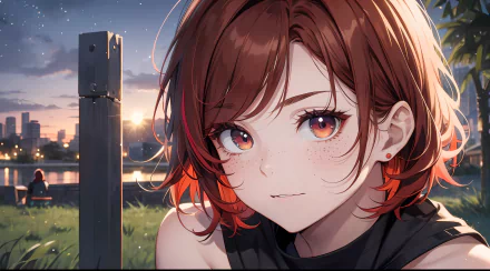 Digital art of an anime girl with short red hair and expressive eyes, set against a serene cityscape at dusk, designed as a 4K Ultra HD PC desktop wallpaper.