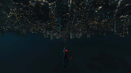 Miles Morales from Spider-Man (PS4) swings through a dark cityscape reflected upside down, captured in a high-definition video game desktop wallpaper.