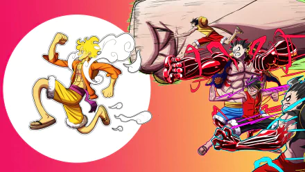 4K Ultra HD anime wallpaper featuring Monkey D. Luffy in his Gear 5 and Gear Fourth forms from One Piece, showcasing dynamic action and vibrant colors.