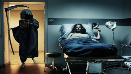 A dark and atmospheric HD desktop wallpaper featuring the grim reaper entering a hospital room, where a woman lies in bed, creating a haunting scene.