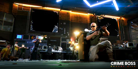 HD desktop wallpaper from Crime Boss: Rockay City video game depicting a tense shootout in a surveillance room.