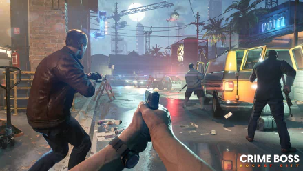 HD desktop wallpaper from the video game Crime Boss: Rockay City, featuring an intense street shootout scene at night.
