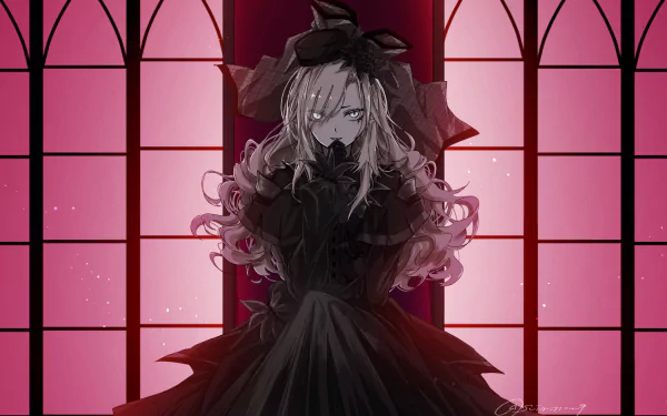 HD PC desktop wallpaper featuring Kriemhild as Berserker from Fate/Grand Order, depicted in dark gothic attire against a large red-stained glass window in anime style.