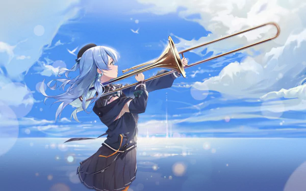 4K Ultra HD wallpaper featuring Hoshimachi Suisei from hololive playing a trombone against a bright, cloud-filled sky in anime-style as a Virtual YouTuber.