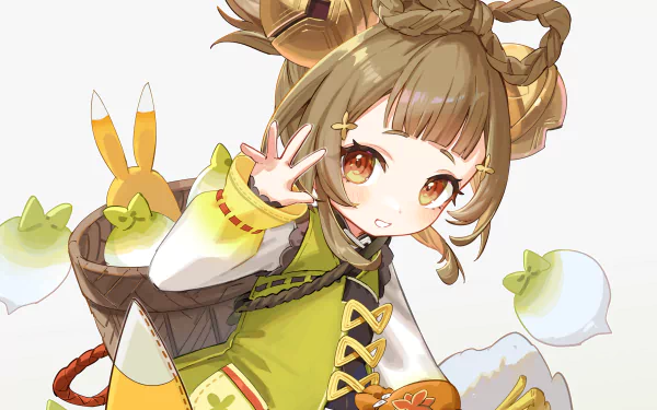 HD PC desktop wallpaper of Yaoyao (Genshin Impact): cheerful, chibi-style girl in green outfit with braided hair and rabbit-themed accessories — video game background
