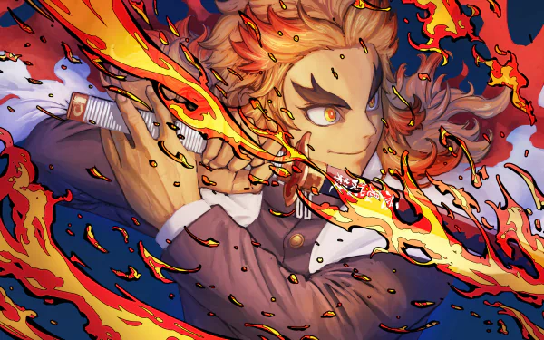 Dynamic HD wallpaper featuring Kyojuro Rengoku from the anime Demon Slayer: Kimetsu no Yaiba, wielding a sword amidst swirling flames. A vibrant and energetic background captures his fierce spirit.