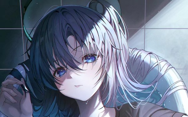 Hayase Yuuka (Blue Archive) anime portrait — blue-gray hair, vivid blue eyes, soft lighting; 2K Quad HD video game desktop wallpaper/background.