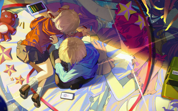 Anime-style 4K Ultra HD wallpaper featuring Ruby Hoshino and Aquamarine Hoshino from Oshi no Ko, depicted in a vibrant, colorful scene on a PC desktop background.