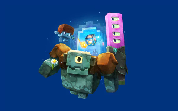 HD desktop wallpaper from Minecraft Legends featuring a stylized golem character against a vibrant blue background.