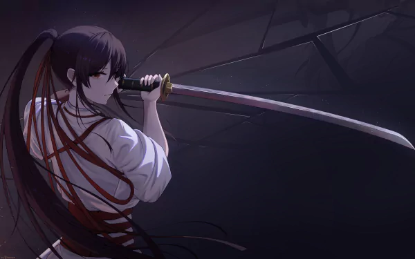 HD desktop wallpaper featuring Sagiri from the anime Hell's Paradise. She holds a katana against a dark, shadowy background, poised and intense.
