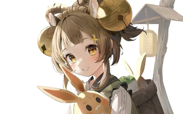 Yaoyao from Genshin Impact smiling while holding a rabbit plush, warm golden tones and crisp detail — 4K Ultra HD video game PC desktop wallpaper/background.