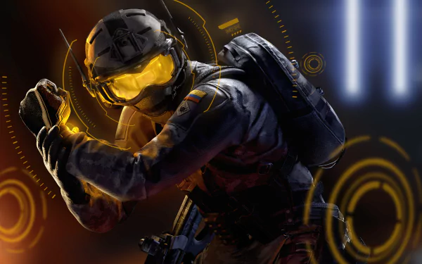 8K Ultra HD PC desktop wallpaper/background showing a tactical operator from the video game Tom Clancy's Rainbow Six: Siege, visor glowing against orange HUD overlays.