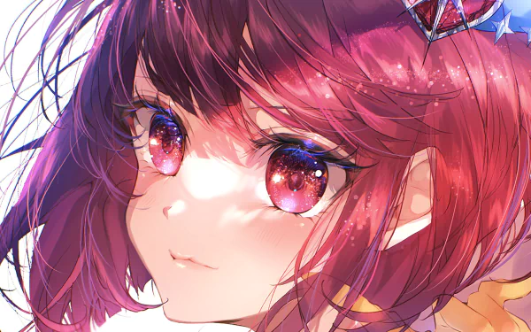 HD PC desktop wallpaper: anime close-up of Kana Arima (Oshi no Ko) — sparkling pink eyes, short magenta hair, soft glowing highlights and a gentle smile.