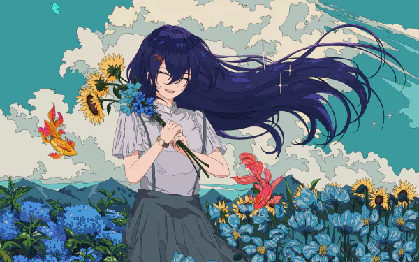 HD desktop wallpaper featuring an anime girl with long blue hair, holding flowers, surrounded by a vibrant floral background with flying birds.