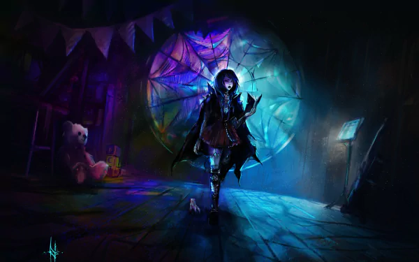 HD PC desktop wallpaper featuring Wednesday Addams from the TV show Wednesday, set in a dark, eerie room with glowing spiderwebs and a shadowy atmosphere.