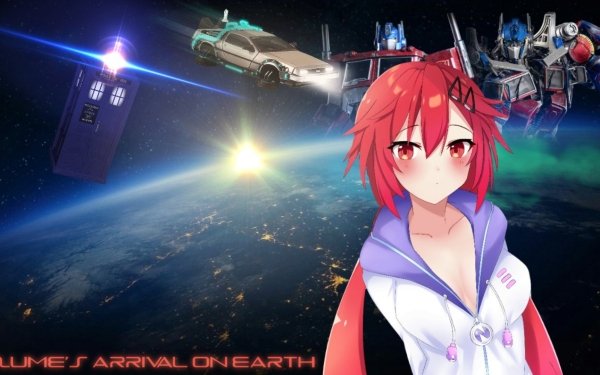 Uzume Tennouboshi in a dynamic crossover between Hyperdimension Neptunia and Transformers, featured in a vibrant anime-style desktop wallpaper.
