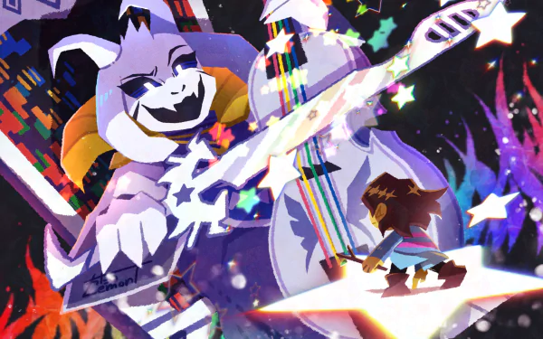 4K Ultra HD desktop wallpaper featuring Frisk and Asriel from the video game Undertale in a vibrant, dynamic battle scene with glowing stars and vivid colors.