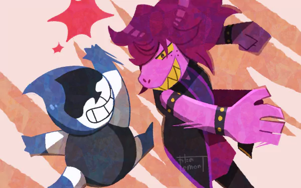 HD PC desktop wallpaper featuring Susie and Lancer from the video game Deltarune in dynamic, colorful artwork.
