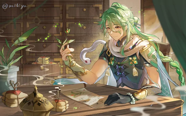 HD PC desktop wallpaper featuring Baizhu from Genshin Impact, depicted in a rustic room with glowing green particles and a snake coiled around his neck.