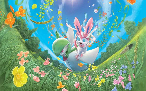 HD anime-style Pokémon wallpaper featuring Gardevoir and Sylveon soaring above a vibrant, colorful meadow filled with flowers under a bright blue sky.