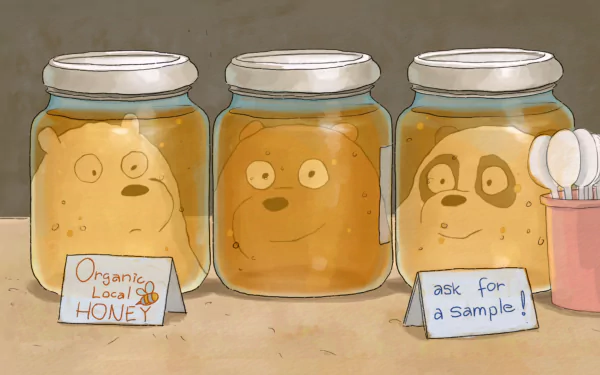 HD PC desktop wallpaper/background from the TV show We Bare Bears: three honey jars painted as Grizzly, Panda and Ice Bear with small labels reading Organic Local Honey and ask for a sample.