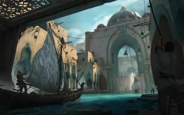 A majestic fantasy ship sails across a stunning HD desktop wallpaper backdrop.